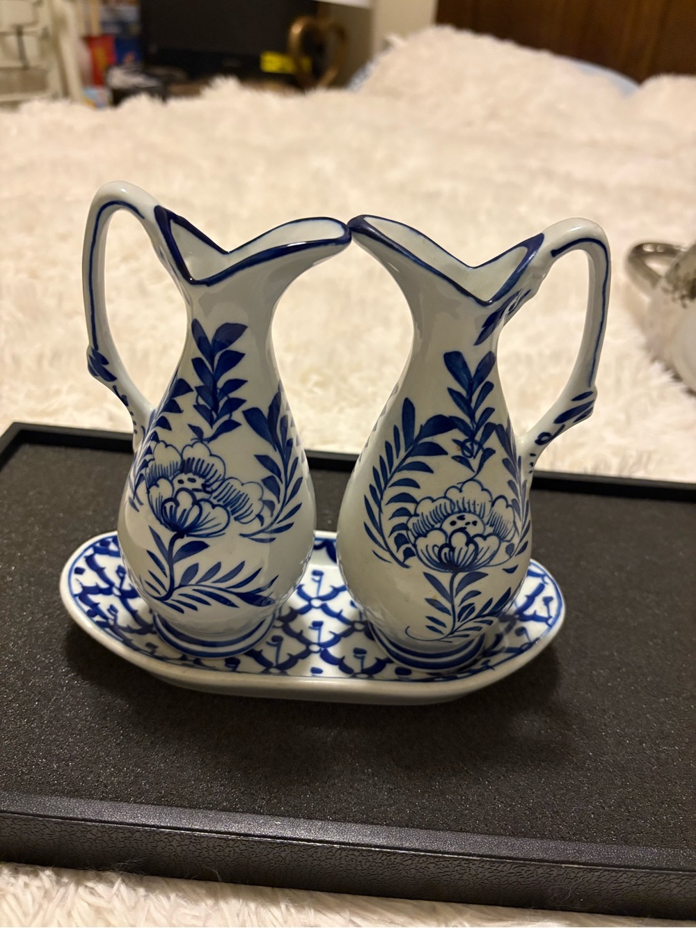 Blue and White Floral Porcelain Pitcher Set - Elegant Home Art